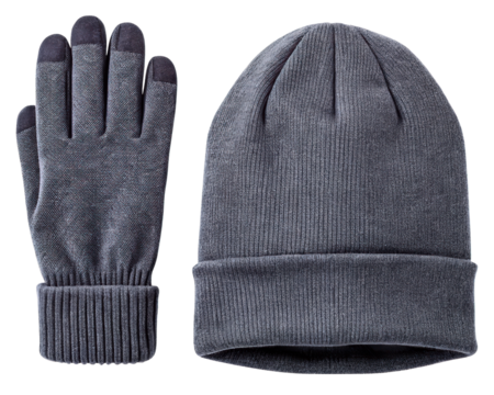 Gray knit winter beanie hat and matching touchscreen gloves on a transparent background