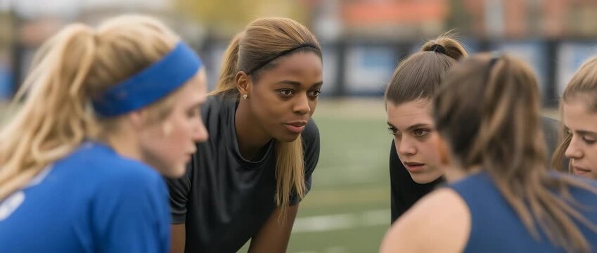 A coach fervently guides a team of players throughout practice, stressing strategy and collaboration on the field.