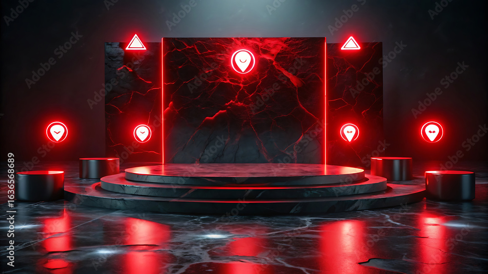 Poster a dark marble stage with floating alert icons under soft light for security and warning concepts
