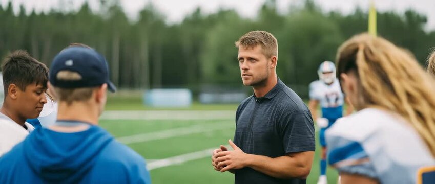 A coach fervently guides a team of players throughout practice, stressing strategy and collaboration on the field.