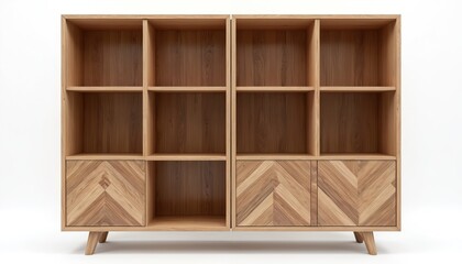 Modern wooden cabinet with open shelving, two cabinet doors featuring herringbone pattern. Piece of furniture, crafted from light-colored wood, offers stylish storage solutions. Clean design, natural