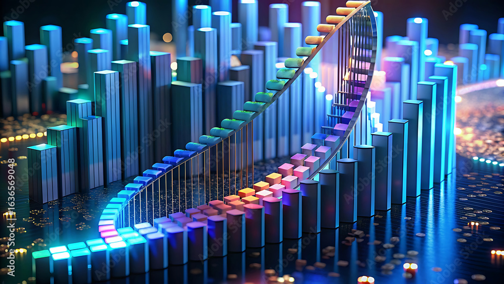 Poster a digital dna strand made of mini bar charts representing genetics and data visualization