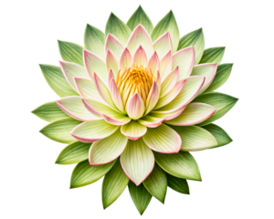 Symmetrical blooming lotus flower with pink and green petals on a transparent background