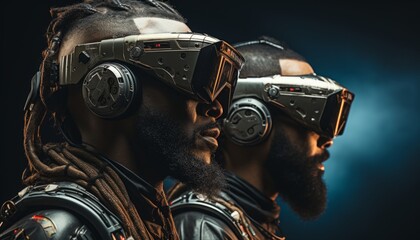 Futuristic VR virtual reality technology helmet, 3D viewing headset.