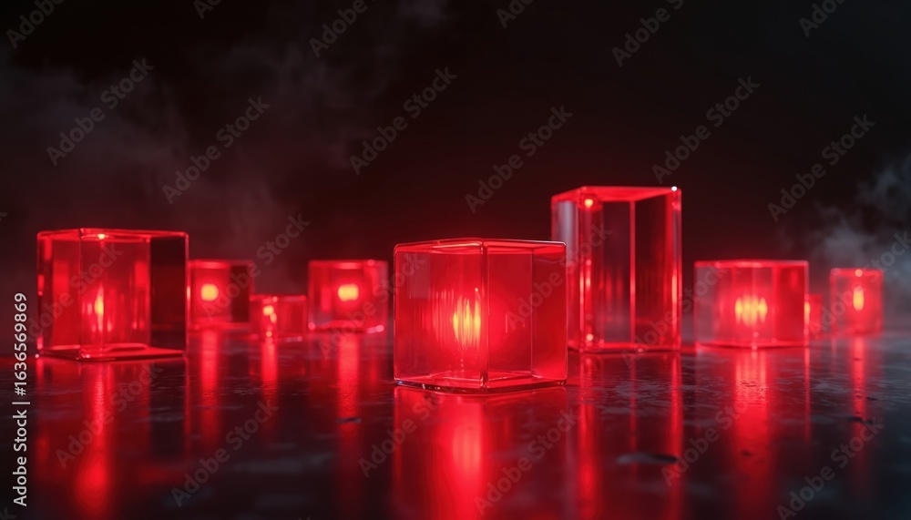 Aufkleber arrangement of illuminated red cubes on dark, reflective surface. modern geometric shapes create min
