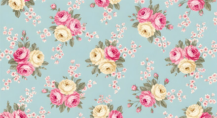 Fototapeta premium Charming vintage floral pattern with pink and cream roses on a soft blue background