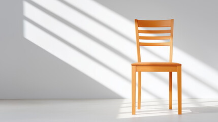 Wooden chair with slatted backrest is placed against plain wall, casting shadows from sunlight, creating minimalistic and calm atmosphere