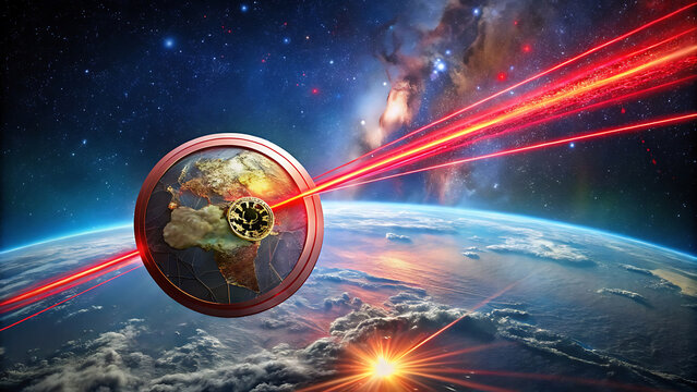 A Giant Coin Orbiting Earth With Red Alert Beams Projecting Into Space