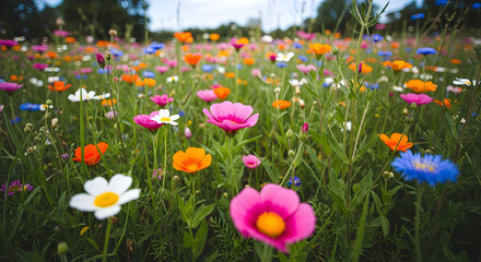 Vibrant wildflower meadow bursting with colorful blossoms on a sunny summer day