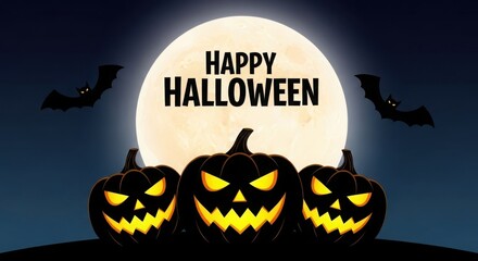Halloween Party Banner with Glowing Pumpkins on Dark Night Background