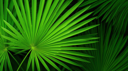 Close up of vibrant green palm leaves with detailed texture and sharp lines, creating lush tropical atmosphere and sense of freshness and vitality