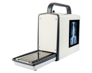 Modern portable X-ray scanner for medical imaging analysis on a transparent background