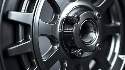 A polished metal wheel in close-up, highlighting industrial design with sleek textures and studio lighting.