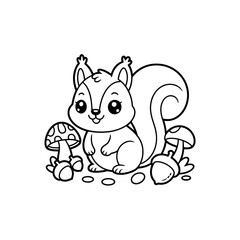 Adorable Cartoon Squirrel with Mushrooms - Line Art Illustration