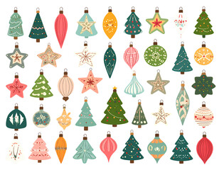 Vintage Christmas ornament collection with retro colors and textures, vector set isolated on transparent background.
