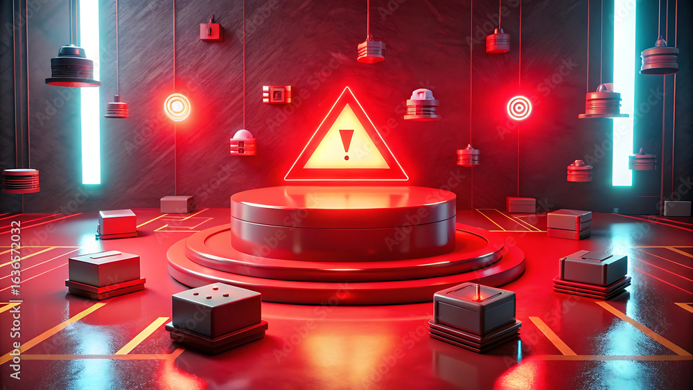 Poster a red platform surrounded by floating warning icons