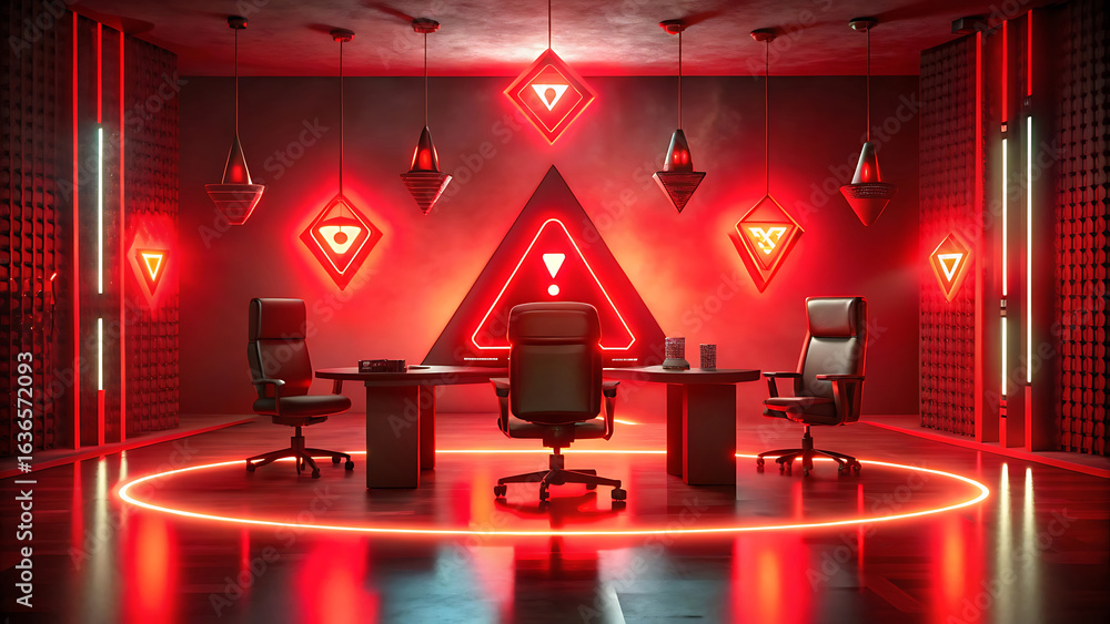 Poster A Red Room With Glowing Warning Symbols Floating Around