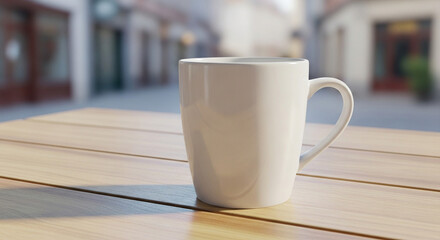 Fototapeta premium A steaming white mug of coffee sits on an outdoor wooden table on a city street.