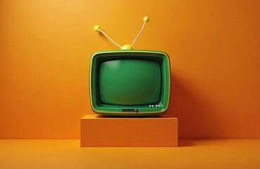 Retro green, orange television set with dual antennas sits on orange pedestal against plain orange background. Classic television design, vintage electronic appliance media, broadcast, entertainment.