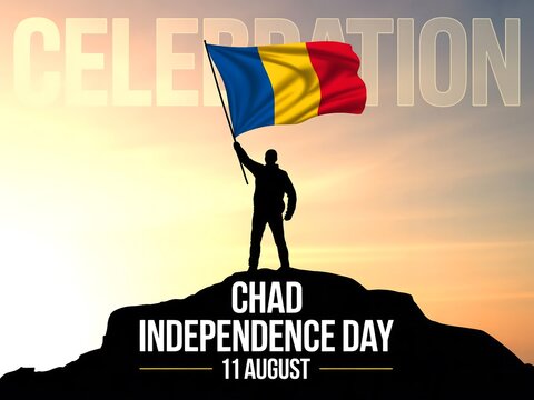 Silhouette of a person triumphantly holding the chad flag high on a mountaintop celebrating independence day