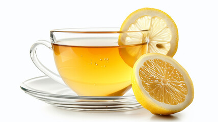 A steaming cup of golden herbal tea with fresh lemon slices, isolated on a white background for a clean, fresh look.