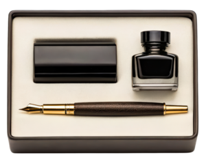 Luxury fountain pen gift set with black ink and a rocker blotter on a transparent background