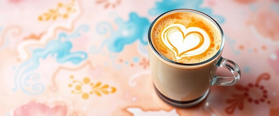 Clear glass, creamy latte, heart art, frothy milk,  drink,  espresso