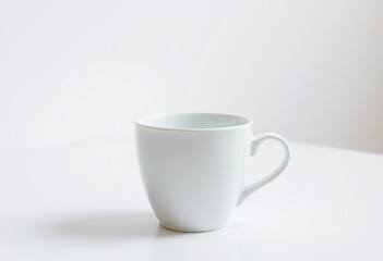Fototapeta premium Clean white cup sits on a white table against a white background Ample copy space, white background, display
