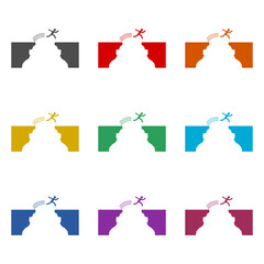 Courageous man jump over a gap from cliff icon isolated on white background. Set icons colorful