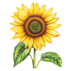 Fototapeta premium Vibrant sunflower with bright yellow petals and green leaves, symbolizing warmth and positivity. Isolated on transparent white background, png 
