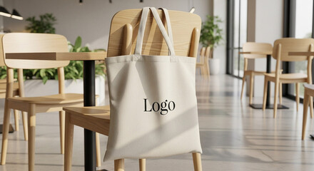 A simple canvas tote bag with a "Logo" design is displayed on the back of a wooden chair in a bright, modern cafe setting, showcasing a clean and minimalist aesthetic.