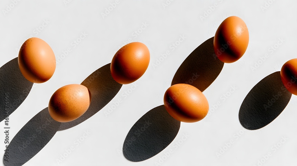 Poster brown eggs arranged in a diagonal pattern with long shadows.