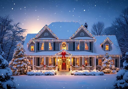 Cozy House Decorated for Christmas with a Glowing Tree in a Snowy Winter Scene - Powered by Adobe