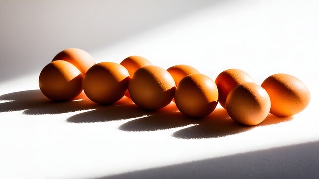 Brown eggs arranged in a row on a white surface.
