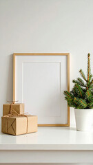 Minimalistic Holiday Decor Featuring a Blank Frame on a Wooden Table Surrounded by Green Pine Trees, Candle, Pinecones, Gift Boxes, and a Shiny Ornament