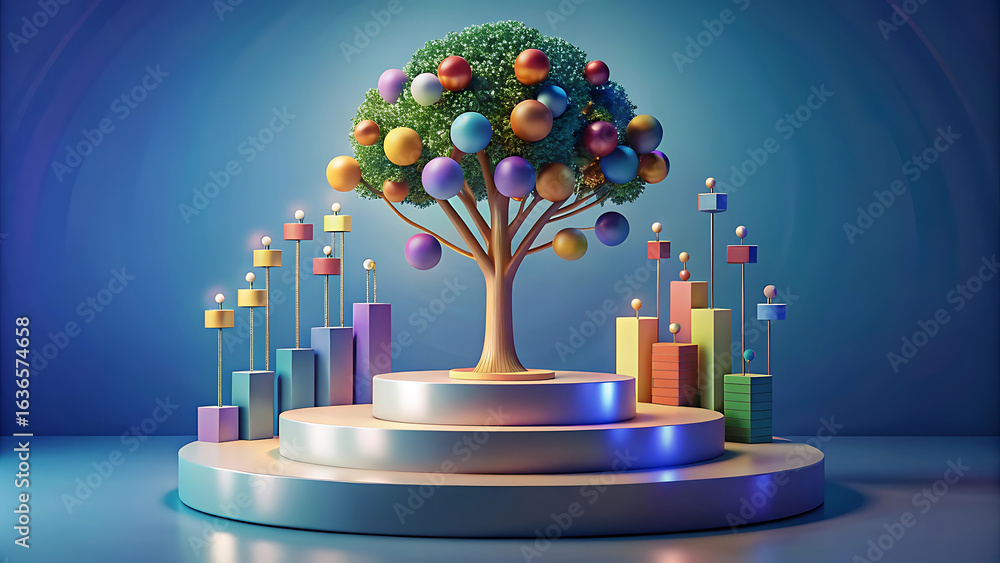 Poster abstract data tree growing from a round podium with lights