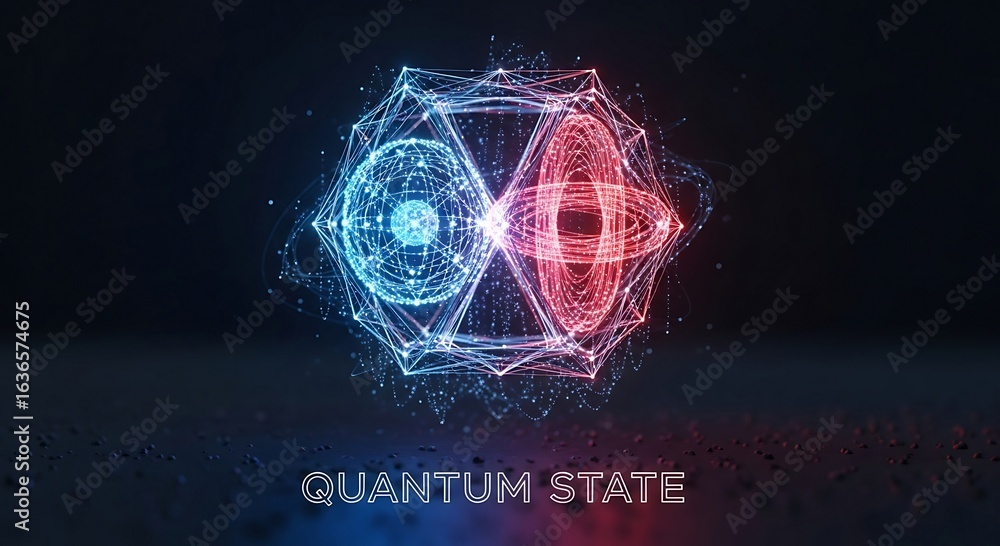 Poster dynamic illuminated geometric network depicting a scientific quantum state in a dark digital realm.