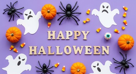 Naklejka premium Whimsical Halloween Card with Ghosts and Flowers in Playful Festive Design