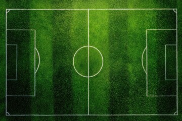 High-angle view of a soccer field, vibrant green grass with white lines marking the pitch
