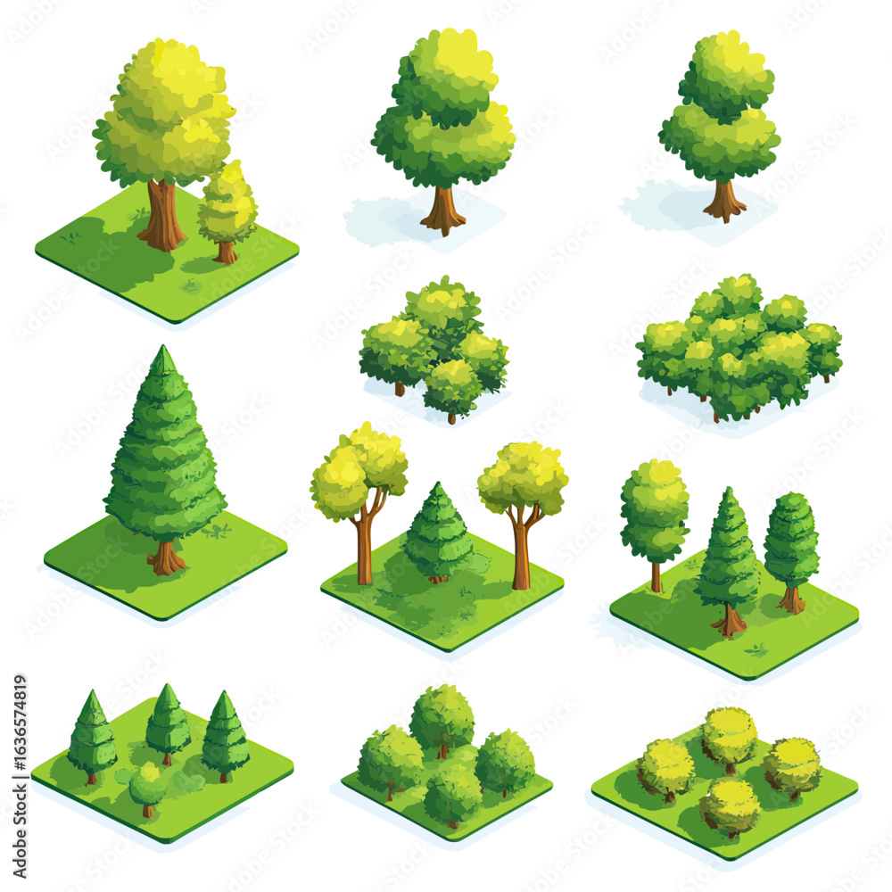 Poster isometric vector collection of trees bushes and green landscape elements in flat minimalist style fo