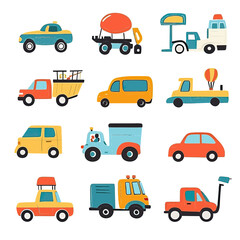 Naklejka premium Set of colorful cartoon toy cars and trucks including taxi, pickup, ambulance, cement mixer, hatchback, van, and utility vehicles in flat minimalist vector style