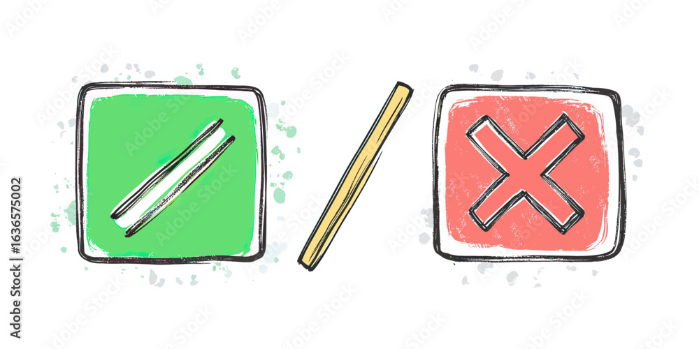 Poster hand drawn green check mark and red cross mark symbols in square boxes with doodle sketch style repr