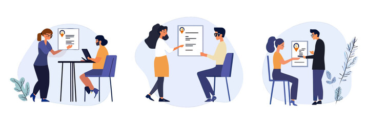 Job interview process with recruiter reviewing resume and candidate discussing employment opportunity in modern office setting flat vector illustration