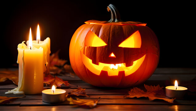 Glowing Jack O Lantern pumpkin with lit candles and autumn leaves on wooden surface halloween carved