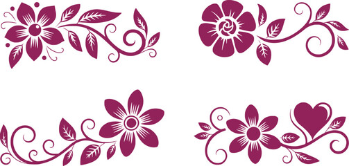 Floral Decorations Set in Purple Tones with Ornamental Flowers, Heart, Leaves and Swirls Perfect for Invitations and Greetings Cards Design
