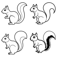 Naklejka premium Four outlined squirrels with bushy tails in various poses ready for coloring and creative projects use
