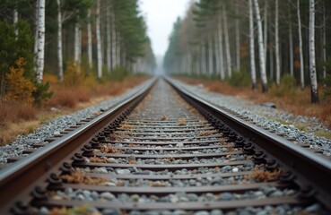 Fototapeta premium Railway tracks recede into the distance through a forest on a sunny fall day. Steel rails on gravel bed guide a path between trees with autumn foliage. Transportation journey through nature.