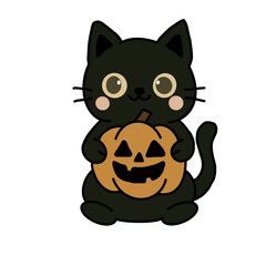 Cute Black Cat Holding Jack O Lantern Pumpkin – Kawaii Halloween Illustration on Transparent Background