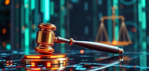 Futuristic gavel with glowing digital interface; AI law concept,  authority,  legal tech