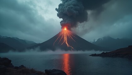 Volcano erupts, spewing lava, smoke into dark, misty sky. Fiery molten rock flows down mountainside towards calm lake. Dramatic geological event creates intense atmosphere, powerful natural forces.